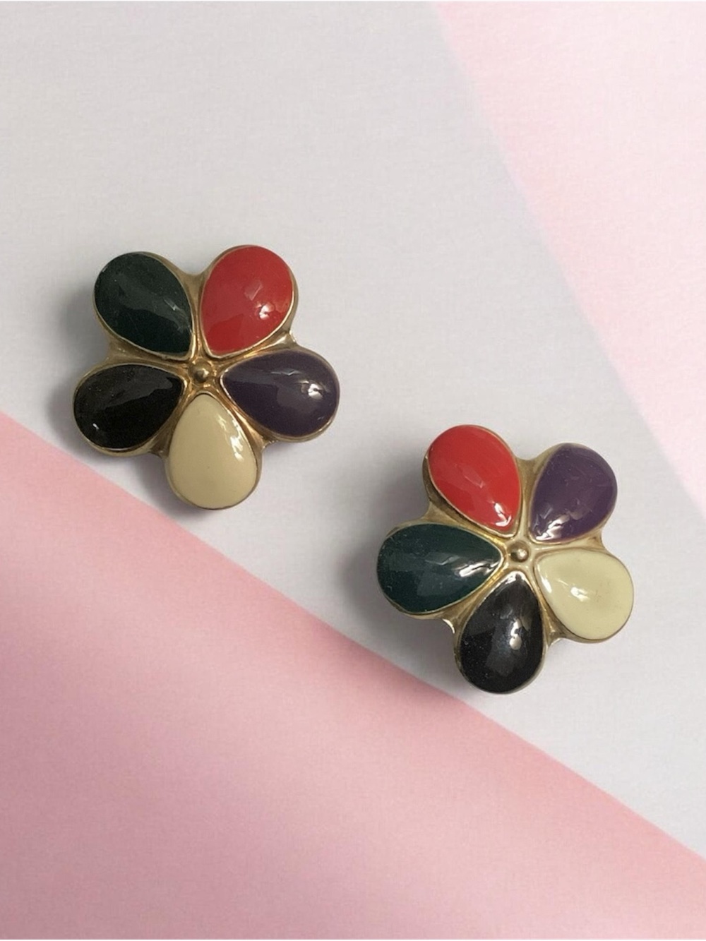 Vintage Multicolor Enamel Flower Earrings - Gold